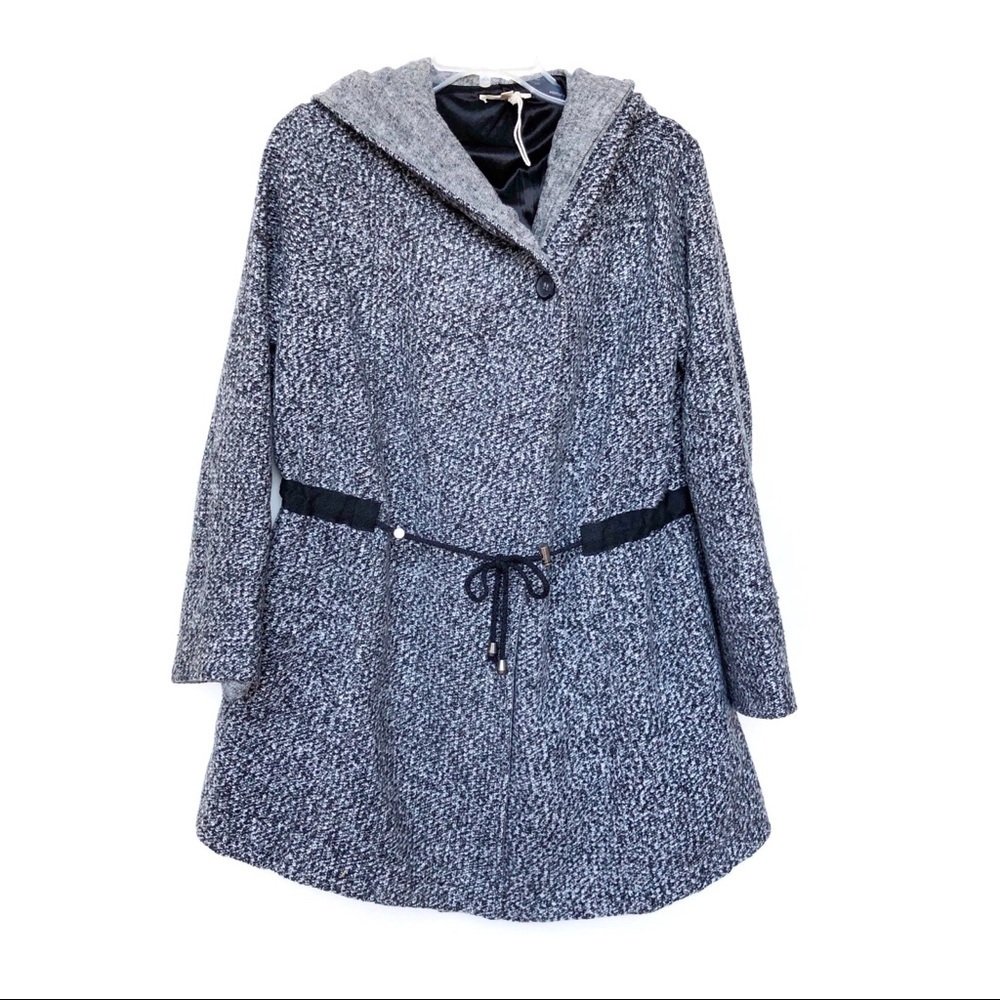 Gray Tweed Hooded Coat Lightweight Jacket Tie Waist Small Medium